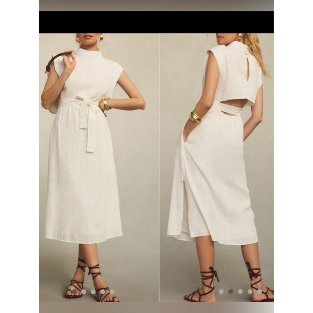 Porridge Anthropologie Modern Belted Column Midi Dress Size M Linen Blend White